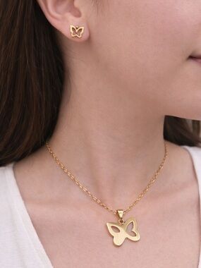 Gold Butterfly Necklace and Stud Earrings Set - Women Accessories